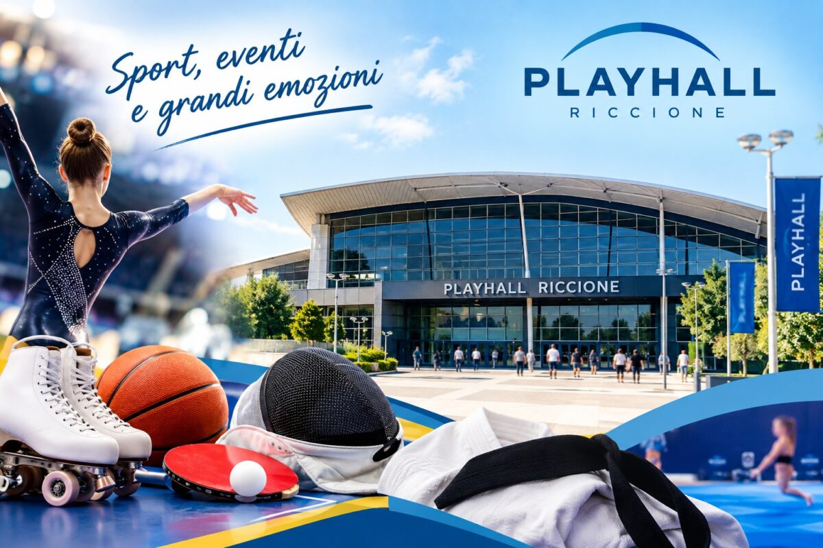 Gymnast with arms raised on the left, sports gear (skates, basketball, helmet) in the foreground, PlayHall Riccione building in the background under a blue sky.